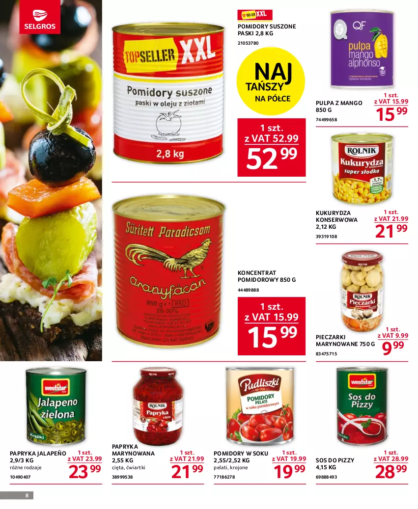 Gazetka promocyjna Selgros - Oferta gastronomiczna - ważna 29.06 do 12.07.2023 - strona 8 - produkty: Koncentrat pomidorowy, Kukurydza, Kukurydza konserwowa, Mango, Papryka, Papryka jalapeño, Papryka marynowana, Piec, Pomidory, Ser, Sok, Sos, Sos do pizzy