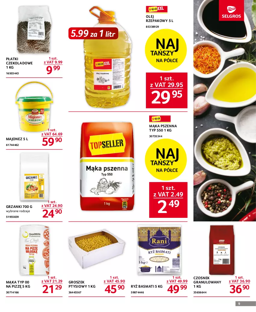 Gazetka promocyjna Selgros - Oferta gastronomiczna - ważna 29.06 do 12.07.2023 - strona 9 - produkty: Czosnek, Czosnek granulowany, Gra, Groszek, Groszek ptysiowy, Majonez, Mąka, Mąka pszenna, Olej, Olej rzepakowy, Ryż, Ryż basmati