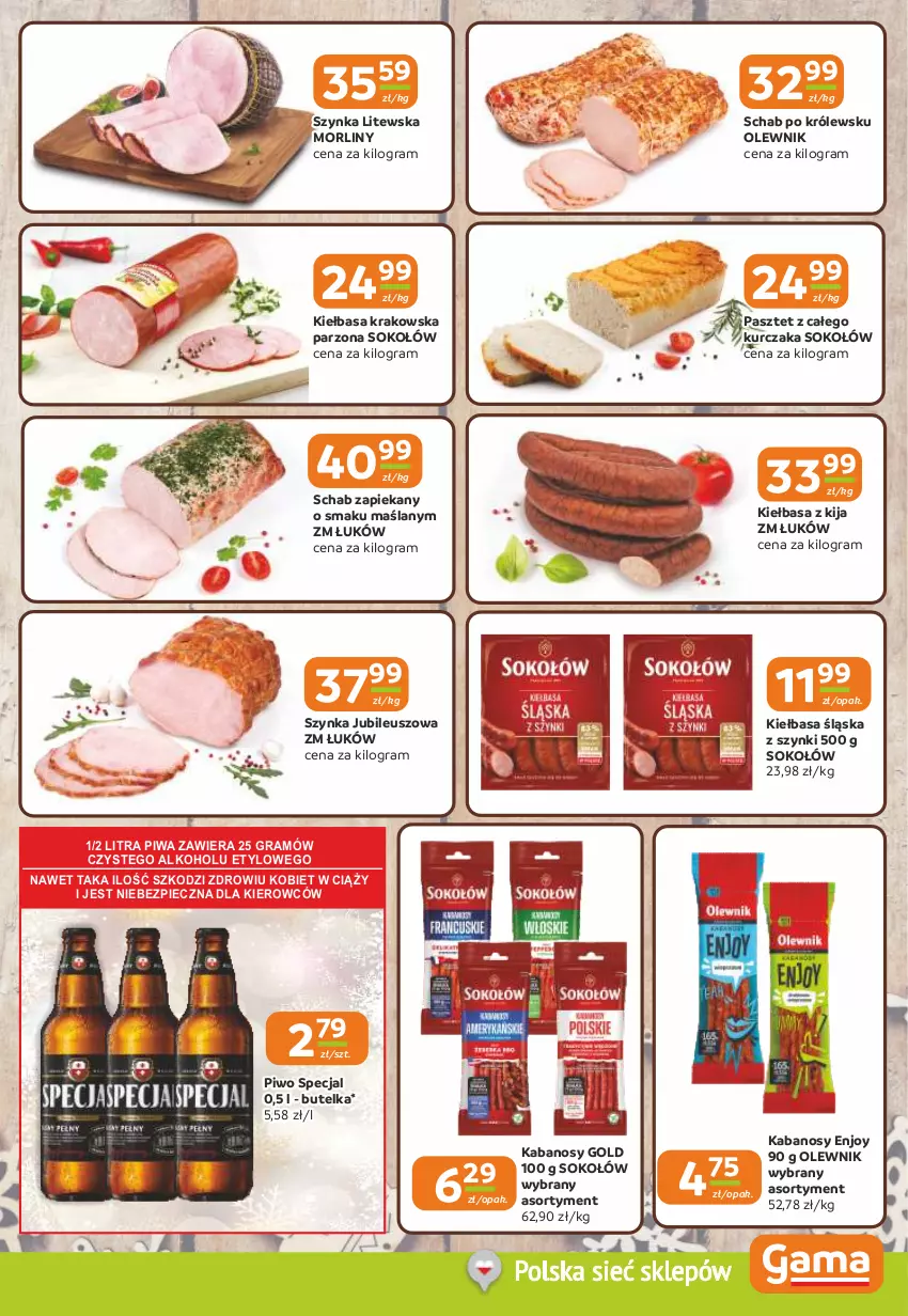 Gazetka promocyjna Gama - Gazetka Gama - ważna 18.12 do 31.12.2025 - strona 3 - produkty: Gra, Kabanos, Kiełbasa, Kiełbasa krakowska, Kiełbasa śląska, Kurczak, Morliny, Olewnik, Pasztet, Piec, Piwa, Piwo, Sok, Sokołów, Szynka
