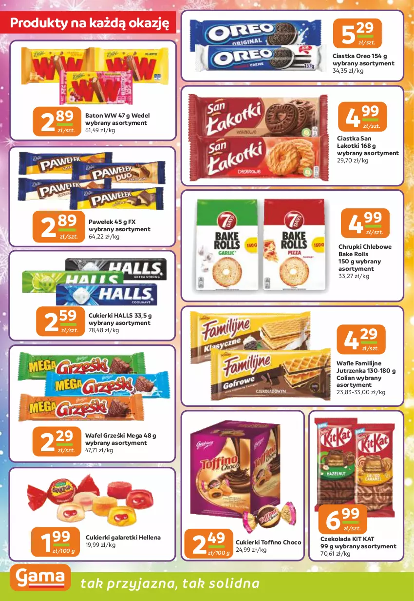 Gazetka promocyjna Gama - Gazetka Gama - ważna 18.12 do 31.12.2025 - strona 4 - produkty: Bake Rolls, Baton, Chleb, Chrupki, Chrupki chlebowe, Ciastka, Cukier, Cukierki, Czekolada, Fa, Gala, Galaretki, Grześki, Halls, Hellena, Jutrzenka, Kit Kat, Oreo