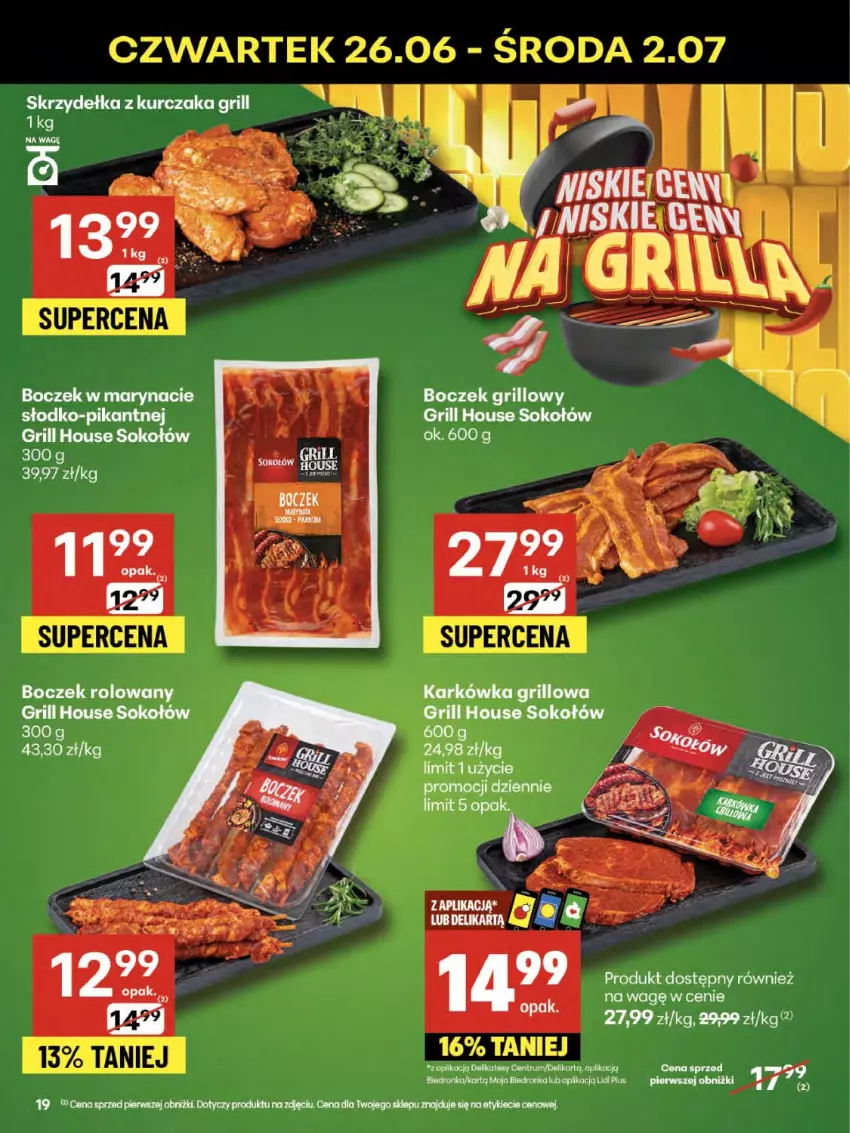 Gazetka promocyjna Delikatesy Centrum - Franczyza DC26 Czwartek - ważna 26.06 do 02.07.2025 - strona 19 - produkty: Boczek, Dron, Grill, Kurczak, Skrzydełka z kurczaka, Sok, Sokołów