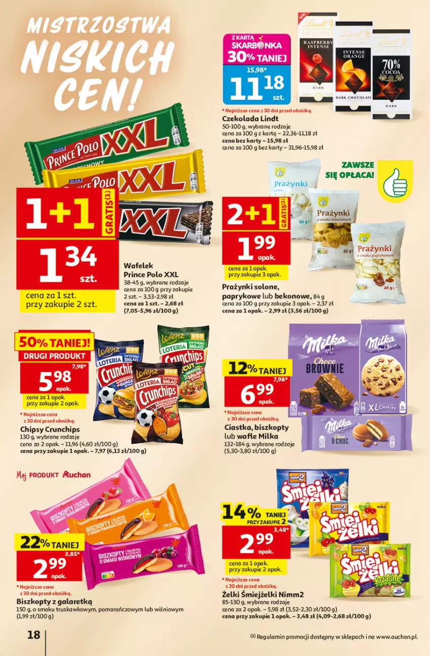 Gazetka promocyjna Auchan - Gazetka 30 Lat Hipermarket Auchan - ważna 25.06 do 01.07.2026 - strona 18 - produkty: Beko, Biszkopty, Chipsy, Ciastka, Crunchips, Czekolada, Gala, Lindt, Milka, Nimm2, Prince Polo, Wafelek, Wafle