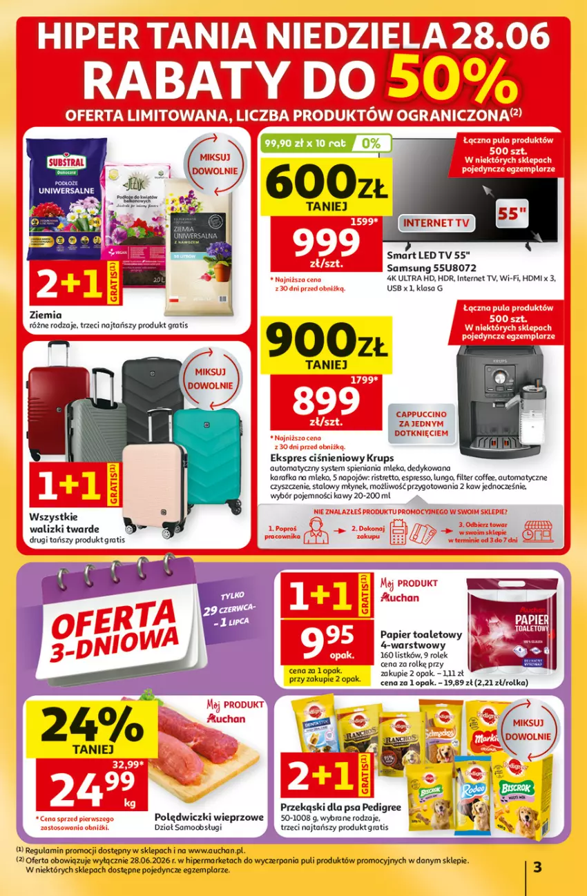 Gazetka promocyjna Auchan - Gazetka 30 Lat Hipermarket Auchan - ważna 25.06 do 01.07.2026 - strona 3 - produkty: Gra, Karafka, Krups, LED TV, Mleko, Młynek, Papier, Papier toaletowy, Pedigree, Przekąski dla psa, Samsung