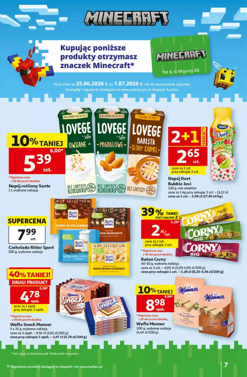 Gazetka promocyjna Auchan - Gazetka 30 Lat Hipermarket Auchan - ważna 25.06 do 01.07.2026 - strona 7 - produkty: Baton, Czekolada, Gra, Minecraft, Napój, Napój roślinny, Por, Ritter Sport, Sante, Sport, Wafle