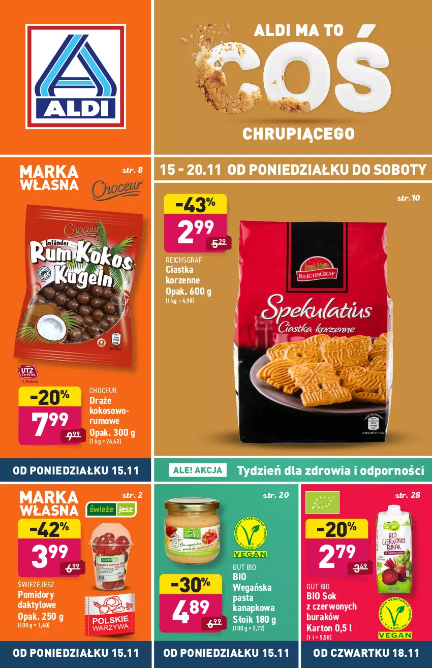 Gazetka promocyjna Aldi - Katalog spożywczy - ważna 15.11 do 20.11.2021 - strona 1 - produkty: Ciastka, Gra, Kokos, Pomidory, Por, Reichsgraf, Rum, Sok