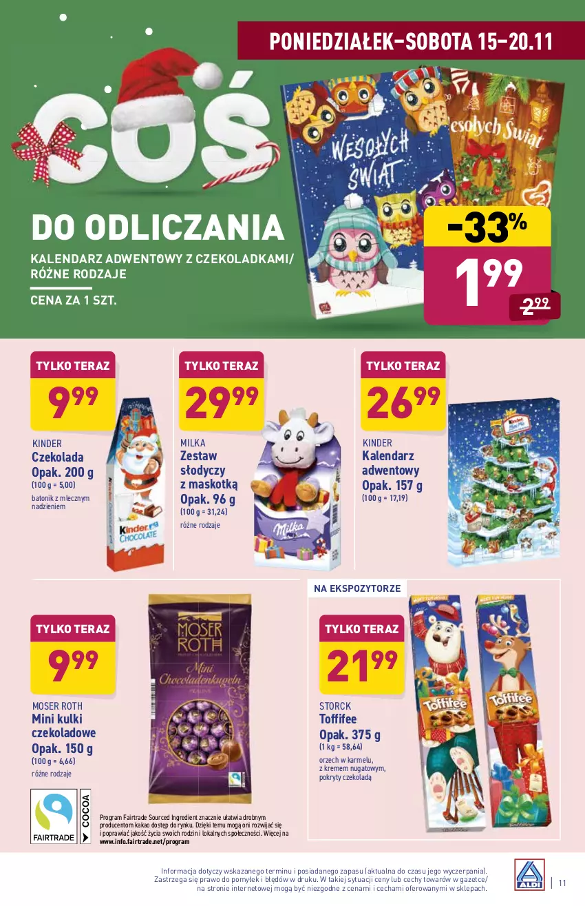 Gazetka promocyjna Aldi - Katalog spożywczy - ważna 15.11 do 20.11.2021 - strona 11 - produkty: Baton, Czekolada, Fa, Gra, Kakao, Kalendarz, Kalendarz adwentowy, Kinder, Milka, Moser Roth, Ser, Tera, Toffifee, Tonik