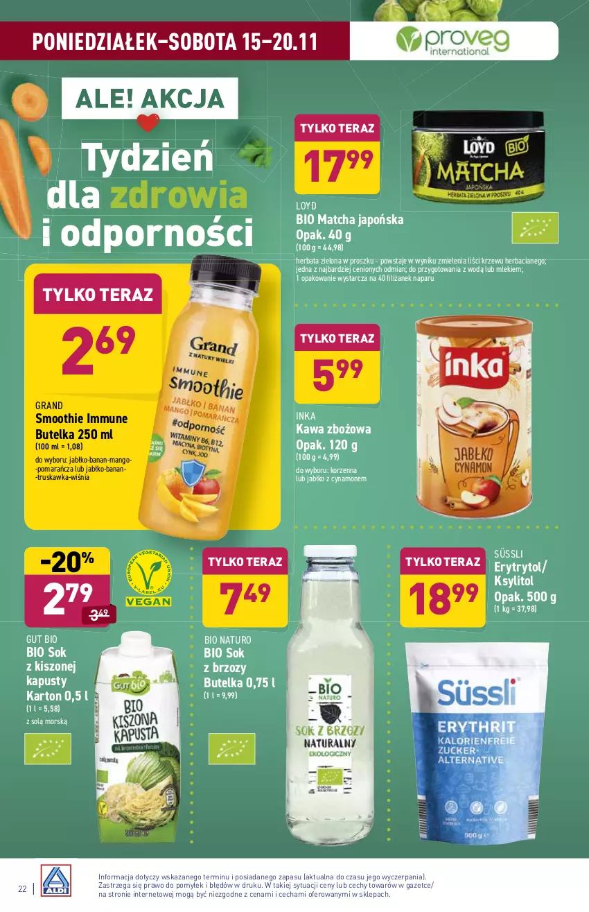 Gazetka promocyjna Aldi - Katalog spożywczy - ważna 15.11 do 20.11.2021 - strona 22 - produkty: Gra, Herbata, Inka, Kawa, Kawa zbożowa, Ksylitol, Loyd, Mango, Por, Smoothie, Sok, Tera