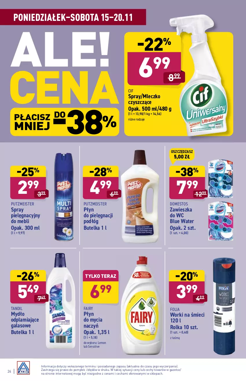 Gazetka promocyjna Aldi - Katalog spożywczy - ważna 15.11 do 20.11.2021 - strona 24 - produkty: Cif, Do mycia naczyń, Domestos, Fa, Fairy, Gala, Mleczko, Mydło, Płyn do mycia, Płyn do mycia naczyń, Putzmeister, Tera, Worki na śmiec, Worki na śmieci, Zawieszka do wc