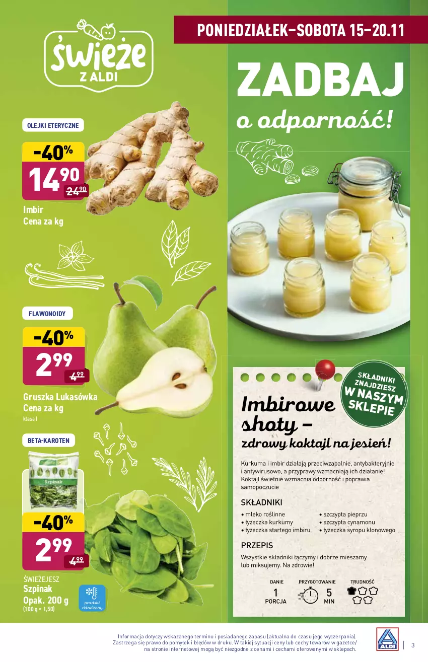 Gazetka promocyjna Aldi - Katalog spożywczy - ważna 15.11 do 20.11.2021 - strona 3 - produkty: Imbir, Kurkuma, Mleko, Mop, Olej, Pieprz, Por, Przyprawy, Syrop, Szpinak, Zdrowie