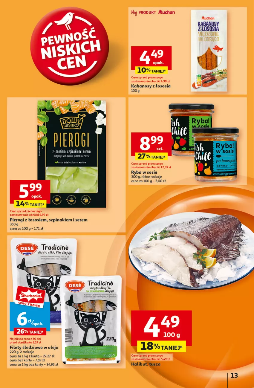 Gazetka promocyjna Auchan - Gazetka Pewność Niskich Cen Hipermarket Auchan - ważna 30.01 do 05.02.2025 - strona 15 - produkty: Kabanos, Olej, Pierogi, Ryba, Ser, Sos, Szpinak