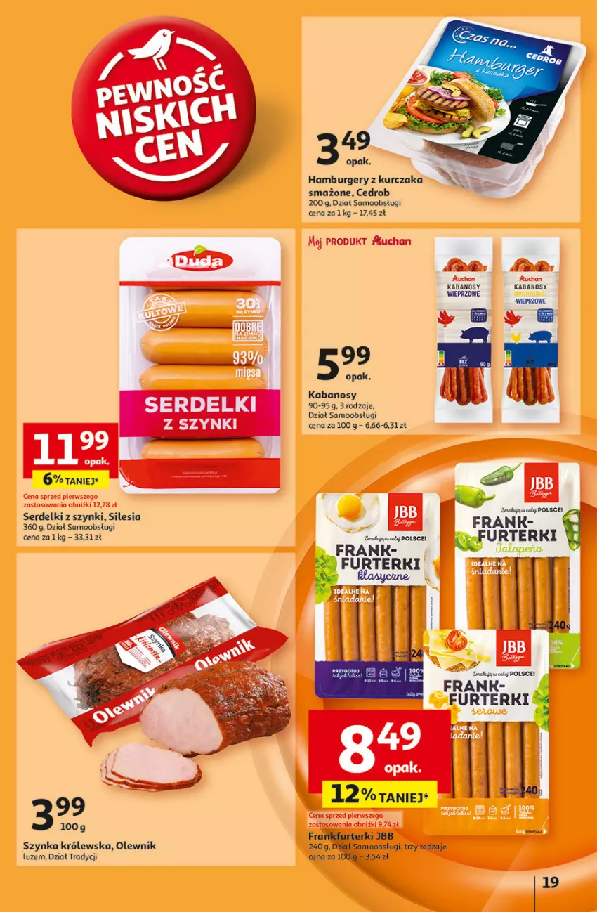 Gazetka promocyjna Auchan - Gazetka Pewność Niskich Cen Hipermarket Auchan - ważna 30.01 do 05.02.2025 - strona 21 - produkty: Burger, Frankfurterki, Hamburger, Kabanos, Kurczak, Olewnik, Ser, Serdelki, Szynka, Szynka Królewska