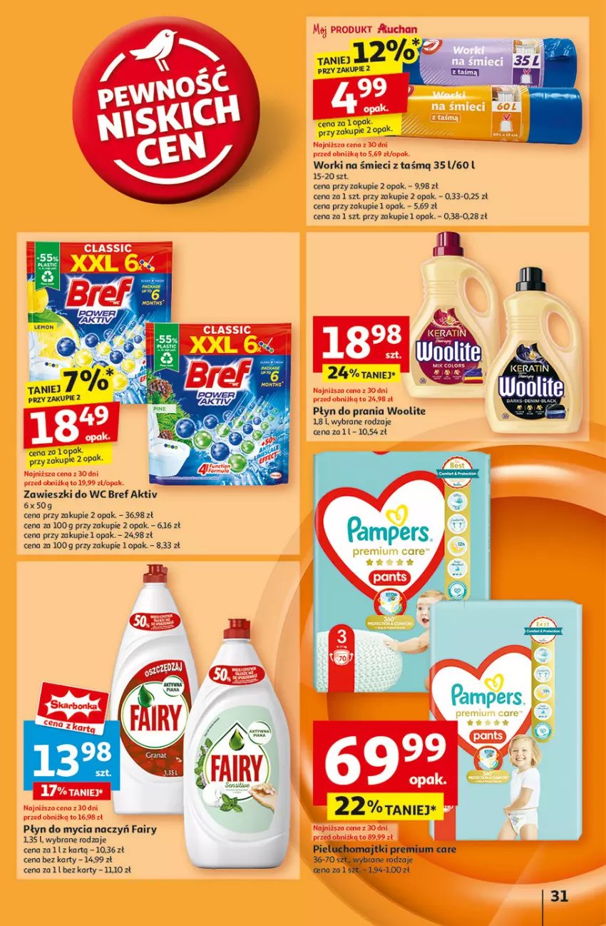 Gazetka promocyjna Auchan - Gazetka Pewność Niskich Cen Hipermarket Auchan - ważna 30.01 do 05.02.2025 - strona 33 - produkty: Bref, Do mycia naczyń, Fa, Fairy, Majtki, Pampers, Pieluchomajtki, Płyn do mycia, Płyn do mycia naczyń, Płyn do prania, Woolite, Worki na śmiec, Worki na śmieci, Zawieszki