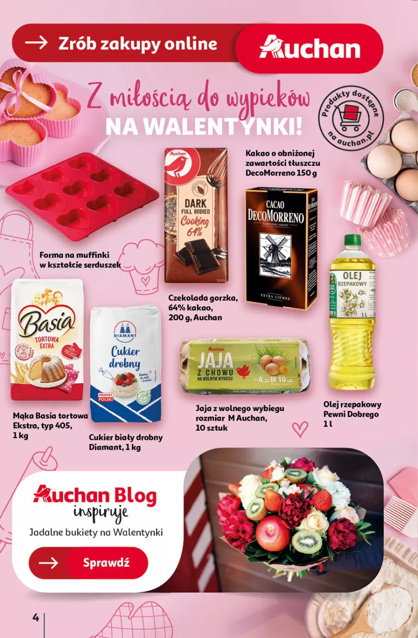 Gazetka promocyjna Auchan - Gazetka Pewność Niskich Cen Hipermarket Auchan - ważna 30.01 do 05.02.2025 - strona 4 - produkty: Basia, Bukiet, Cukier, Czekolada, Czekolada gorzka, Diamant, Jaja, Kakao, Mąka, Muffinki, Olej, Olej rzepakowy, Ser