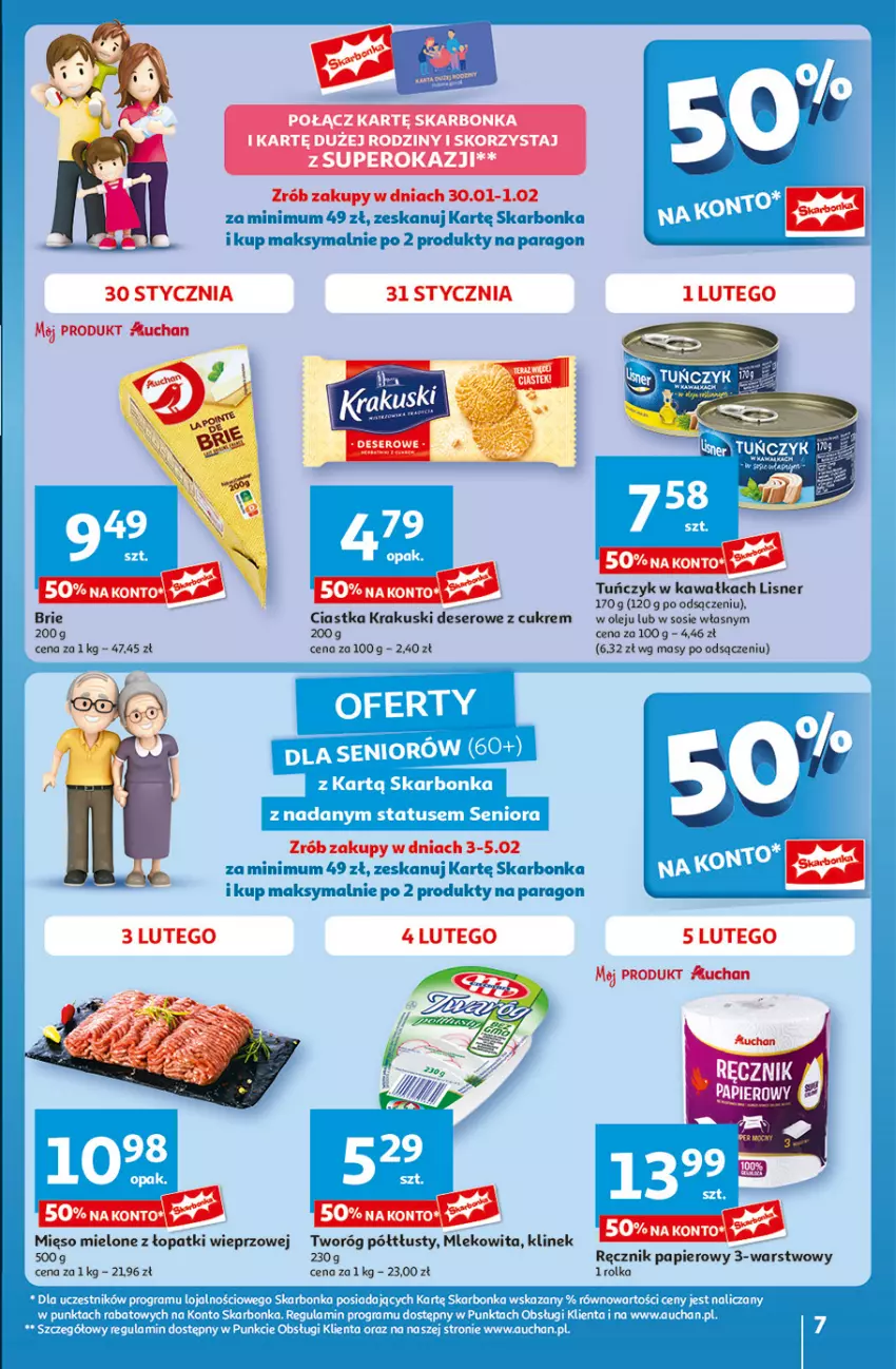 Gazetka promocyjna Auchan - Gazetka Pewność Niskich Cen Hipermarket Auchan - ważna 30.01 do 05.02.2025 - strona 7 - produkty: Brie, Ciastka, Deser, Kawa, Krakus, Krakuski, Lisner, Mięso, Mięso mielone, Mięso mielone z łopatki wieprzowej, Mleko, Olej, Papier, Ręcznik, Ser, Sos, Tuńczyk