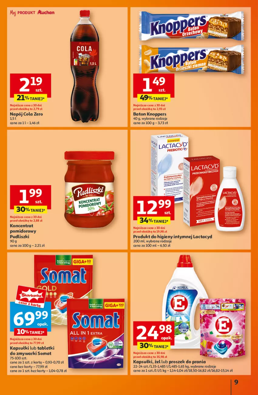 Gazetka promocyjna Auchan - Gazetka Pewność Niskich Cen Hipermarket Auchan - ważna 30.01 do 05.02.2025 - strona 9 - produkty: Baton, Knoppers, Koncentrat pomidorowy, Lactacyd, Napój, Proszek do prania, Pudliszki, Somat, Tablet, Tabletki do zmywarki, Zmywarki