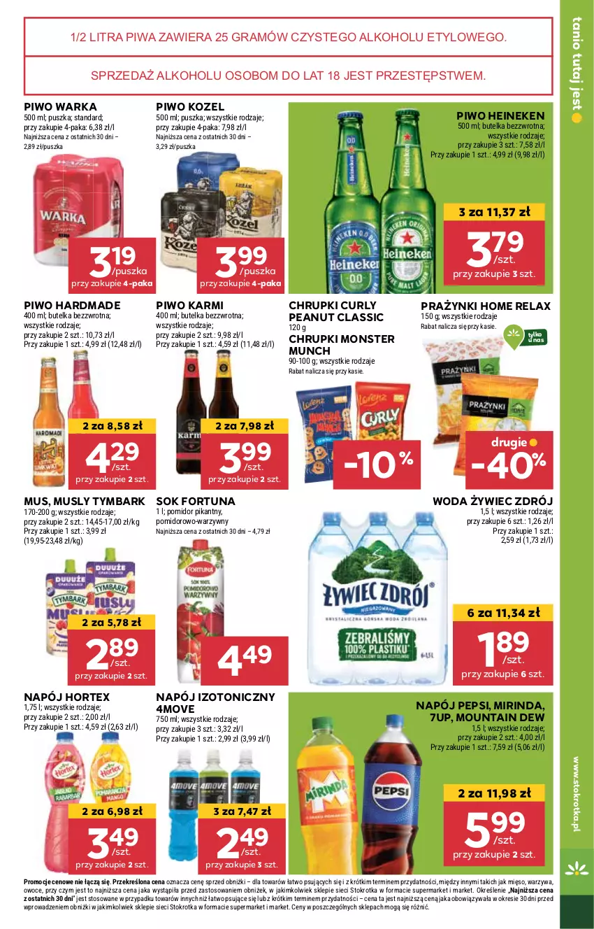 Gazetka promocyjna Stokrotka - Market Opole/Radom - ważna 24.10 do 29.10.2024 - strona 17 - produkty: 7up, Chrupki, Fortuna, Gra, Heineken, Hortex, Karmi, Kozel, Mięso, Mirinda, Monster Munch, Mus, Napój, Napój izotoniczny, Owoce, Pepsi, Piwa, Piwo, Sok, Tymbark, Warka, Warzywa, Woda