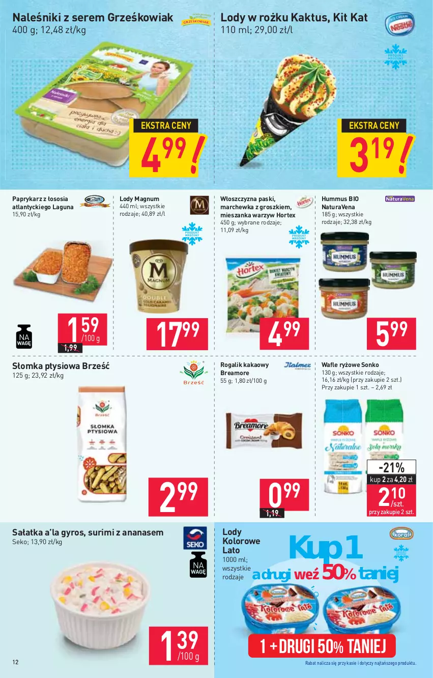 Gazetka promocyjna Stokrotka - Supermarket - ważna 10.06 do 16.06.2021 - strona 12 - produkty: Ananas, Gyros, Hortex, Hummus, Kakao, Kaktus, Kit Kat, Lody, Marchewka, Mieszanka warzyw, Mus, Naleśniki, Papryka, Paprykarz, Rogal, Ryż, Sałat, Sałatka, SEKO, Ser, Sonko, Sos, Surimi, Wafle