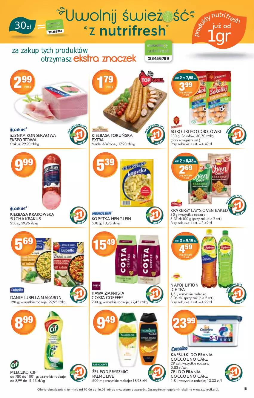 Gazetka promocyjna Stokrotka - Supermarket - ważna 10.06 do 16.06.2021 - strona 15 - produkty: Bell, Bella, Cif, Coccolino, Ice tea, Kawa, Kawa ziarnista, Kopytka, Krakersy, Krakus, Lay’s, Lipton, Lubella, Makaron, Mleczko, Napój, Palmolive, Por, Ser, Sok, Sport, Szynka, Szynka konserwowa