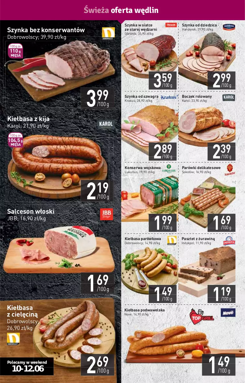 Gazetka promocyjna Stokrotka - Supermarket - ważna 10.06 do 16.06.2021 - strona 4 - produkty: Boczek, Gra, HP, Kiełbasa, Kiełbasa podwawelska, Krakus, Olewnik, Parówki, Pasztet, Salceson, Ser, Sok, Sokołów, Szynka, Wawel