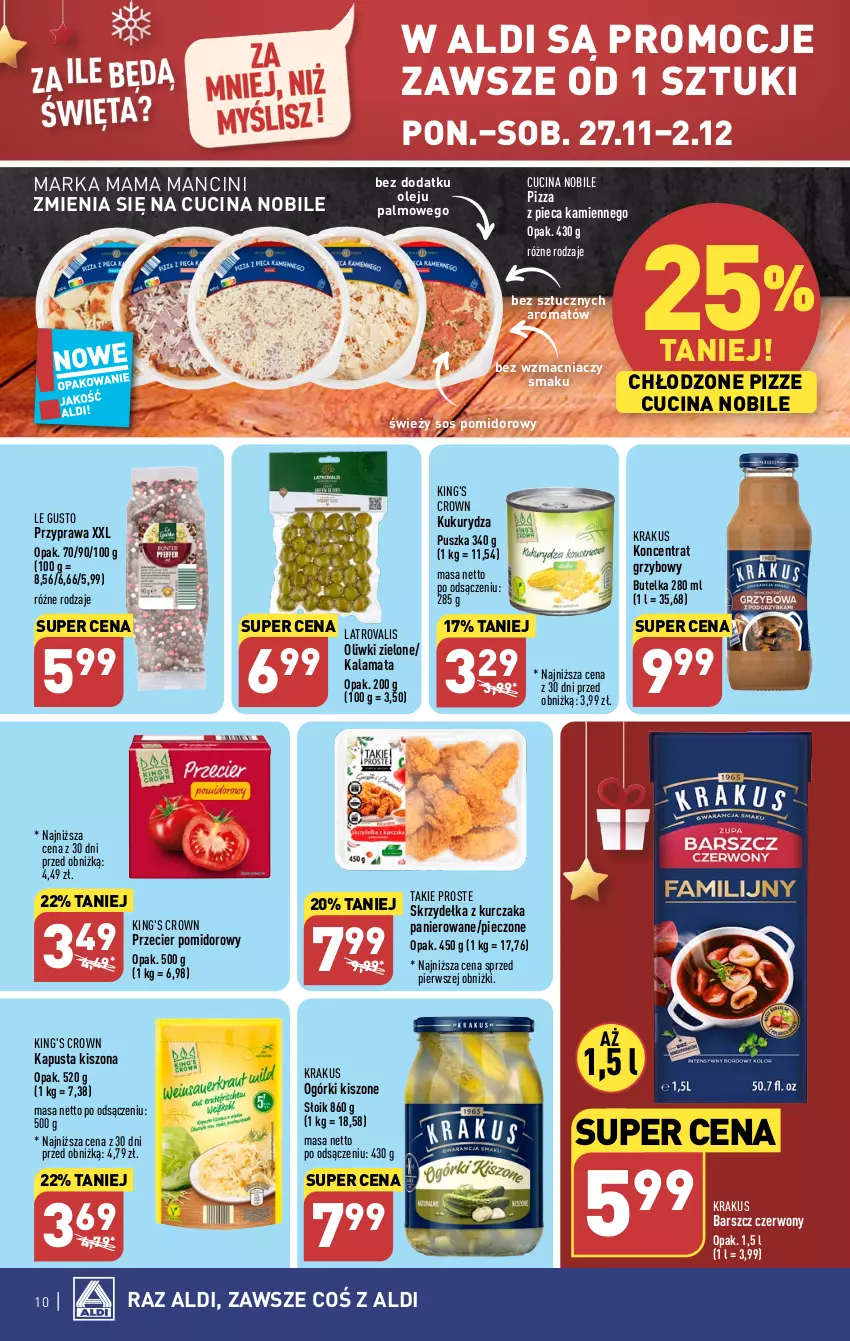 Gazetka promocyjna Aldi - Pełna oferta - ważna 27.11 do 02.12.2023 - strona 10 - produkty: Krakus, Kukurydza, Kurczak, Olej, Oliwki, Oliwki zielone, Piec, Pizza, Pizza z pieca kamiennego, Skrzydełka z kurczaka, Sos, Sos pomidorowy