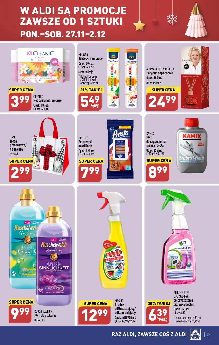 Gazetka promocyjna Aldi - Pełna oferta - ważna 27.11 do 02.12.2023 - strona 27 - produkty: Cleanic, Mus, Płyn do płukania, Podpaski, Presto, Putzmeister, Tablet, Tabletki musujące, Torba, Torba prezentowa