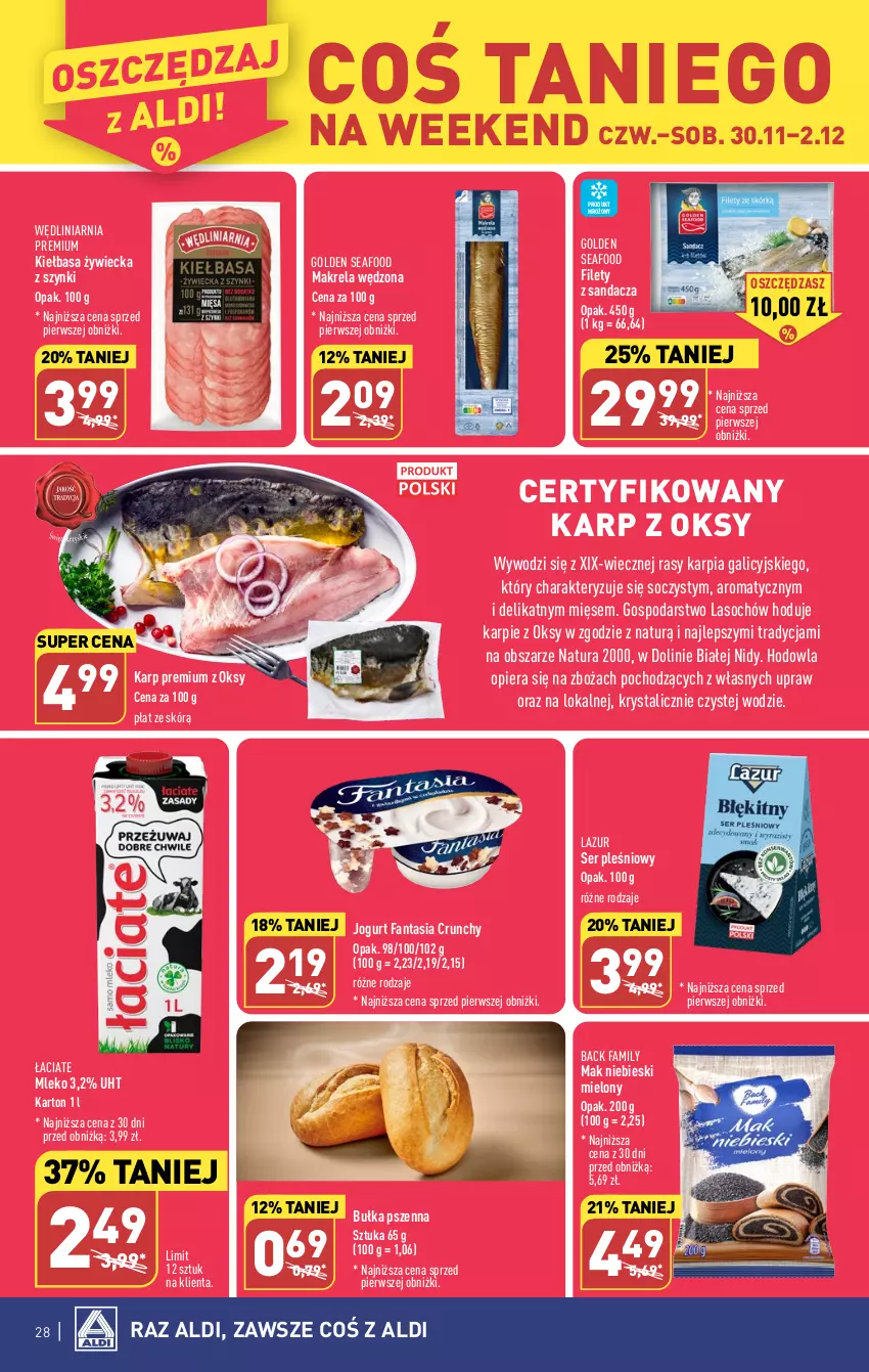 Gazetka promocyjna Aldi - Pełna oferta - ważna 27.11 do 02.12.2023 - strona 28 - produkty: Bułka, Fa, Fanta, Golden Seafood, Jogurt, Karp, Kiełbasa, Lazur, Mleko, Sandacz, Ser, Ser pleśniowy