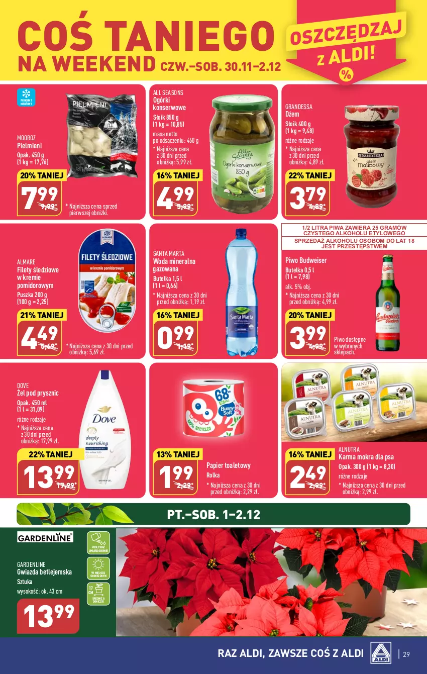 Gazetka promocyjna Aldi - Pełna oferta - ważna 27.11 do 02.12.2023 - strona 29 - produkty: All Seasons, Dove, Dżem, Gra, Gwiazda, Ogórki konserwowe, Papier, Papier toaletowy, Piwa, Piwo, Ser, Sok, Woda, Woda mineralna