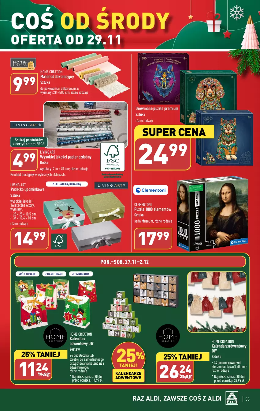 Gazetka promocyjna Aldi - Pełna oferta - ważna 27.11 do 02.12.2023 - strona 33 - produkty: Kalendarz, Kalendarz adwentowy, Klej, Mus, Papier, Papier ozdobny, Pudełko, Puzzle, Ser, Sok