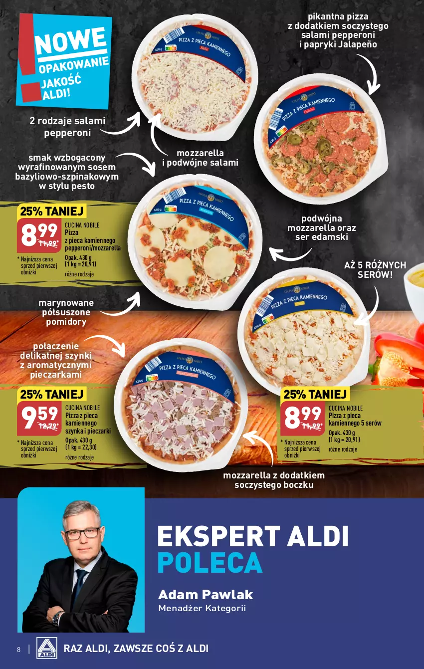 Gazetka promocyjna Aldi - Pełna oferta - ważna 27.11 do 02.12.2023 - strona 8 - produkty: Bazyl, Edam, Mozzarella, Pesto, Piec, Pieczarka, Pizza, Pizza z pieca kamiennego, Pomidory, Salami, Ser, Sos, Suszone pomidory, Szpinak, Szynka