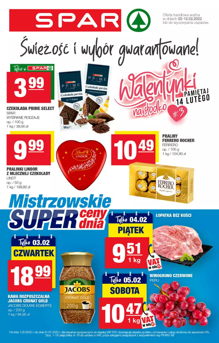 Gazetka promocyjna Spar - Spar - ważna 30.01 do 12.02.2022 - strona 1 - produkty: Czekolada, Ferrero, Ferrero Rocher, Jacobs, Kawa, Kawa rozpuszczalna, Lindor, Lindt, Mięta, Praliny, Sok