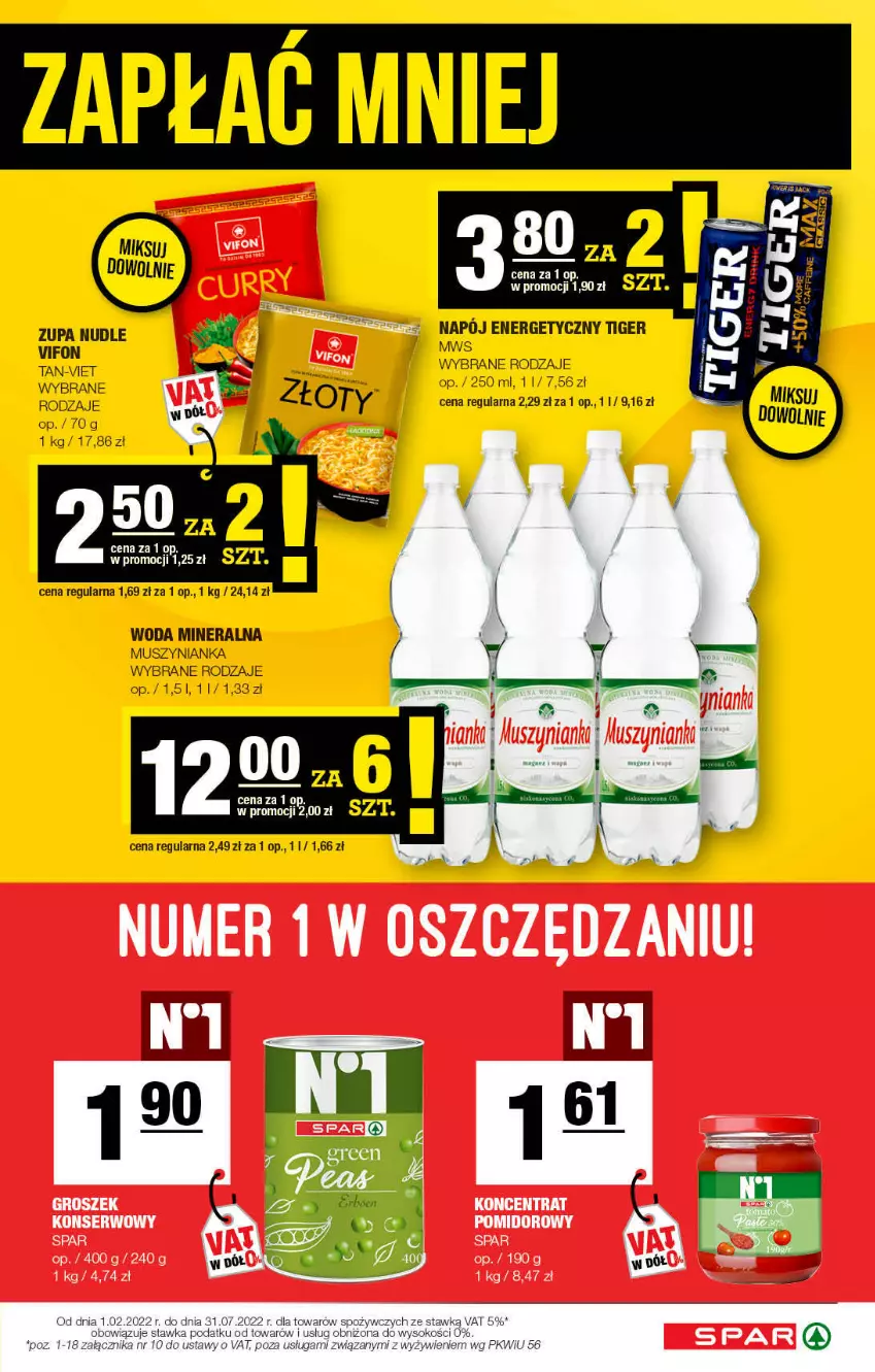 Gazetka promocyjna Spar - Spar - ważna 30.01 do 12.02.2022 - strona 9 - produkty: Groszek, Mus, Muszynianka, Napój, Napój energetyczny, Ser, Tiger, Woda, Woda mineralna, Zupa