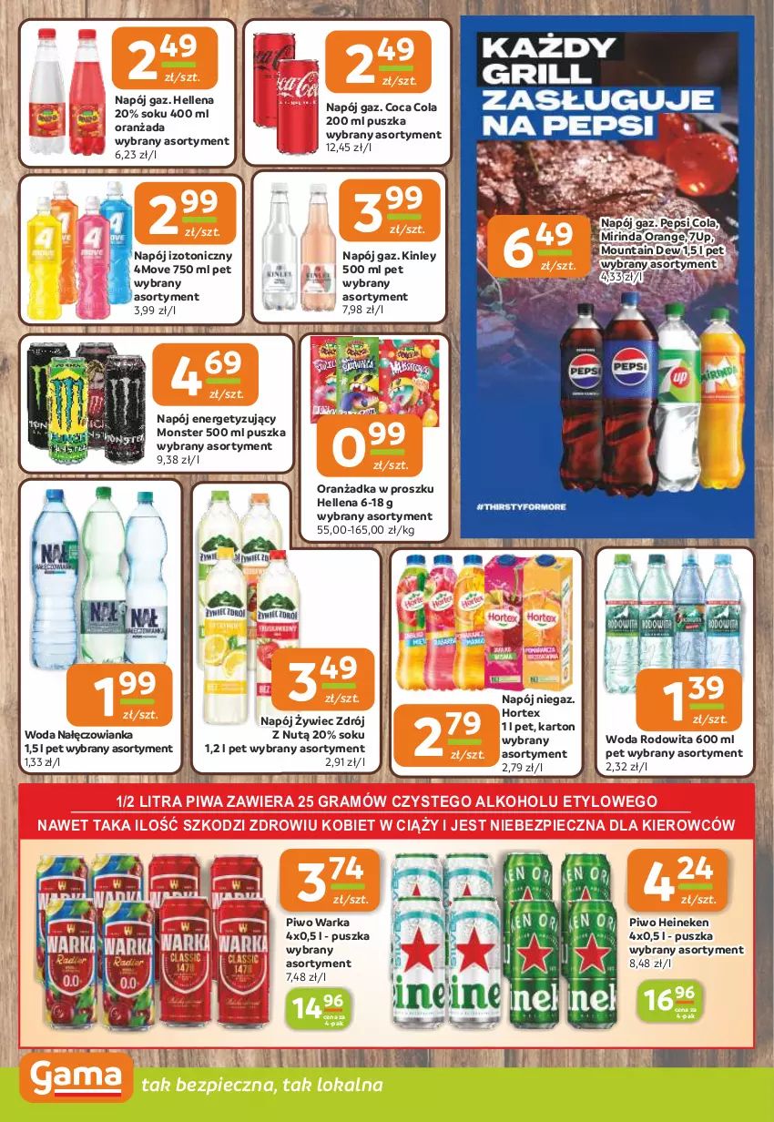Gazetka promocyjna Gama - Gazetka Gama - ważna 12.06 do 24.06.2025 - strona 10 - produkty: 7up, Gra, Heineken, Hellena, Hortex, Mirinda, Nałęczowianka, Napój, Napój izotoniczny, Oranżada, Pepsi, Piec, Piwa, Piwo, Sok, Warka, Woda