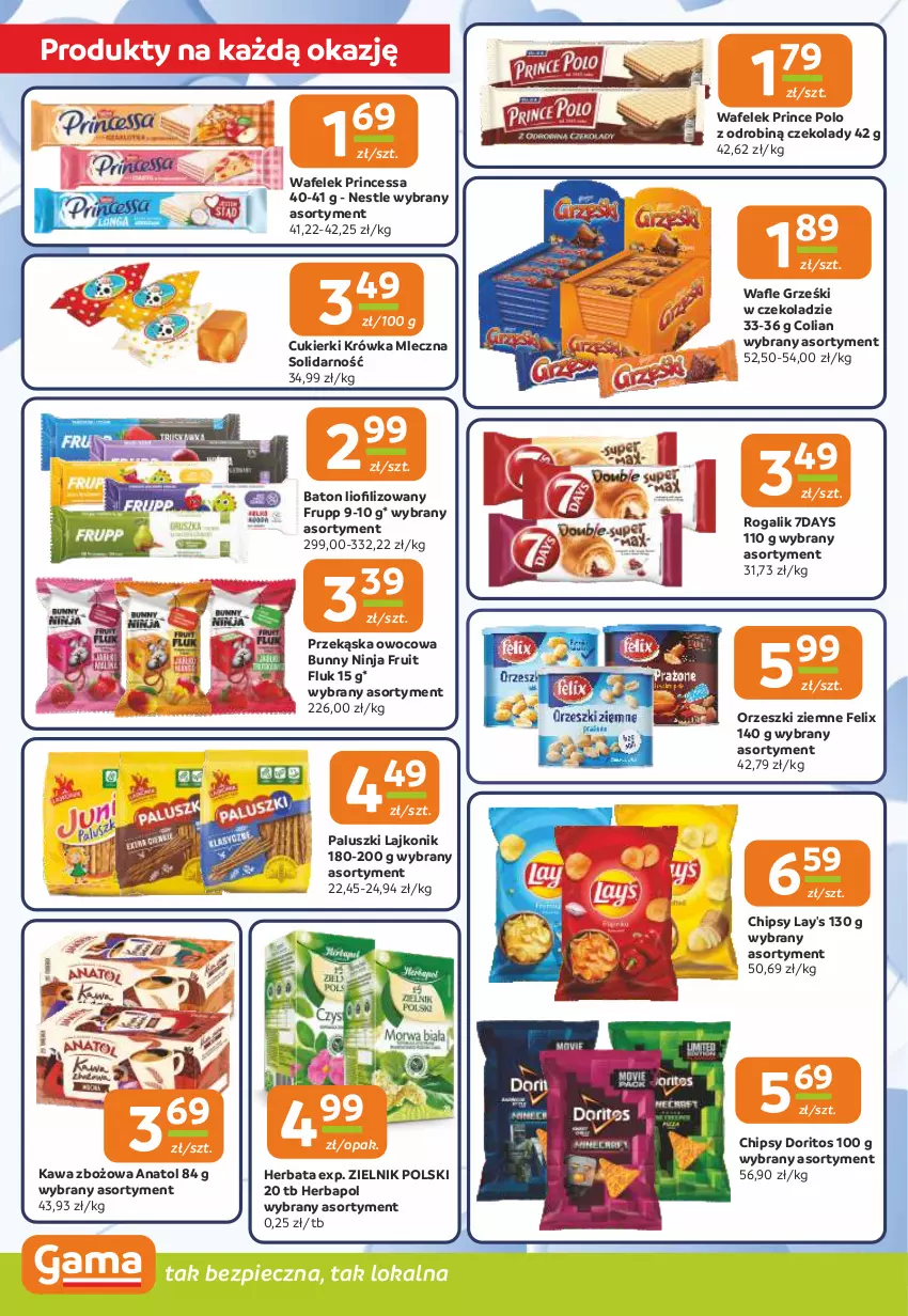 Gazetka promocyjna Gama - Gazetka Gama - ważna 12.06 do 24.06.2025 - strona 4 - produkty: Baton, Chipsy, Cukier, Cukierki, Felix, Grześki, Herbapol, Herbata, Kawa, Kawa zbożowa, Lajkonik, Orzeszki, Orzeszki ziemne, Piec, Prince Polo, Princessa, Rogal, Wafelek