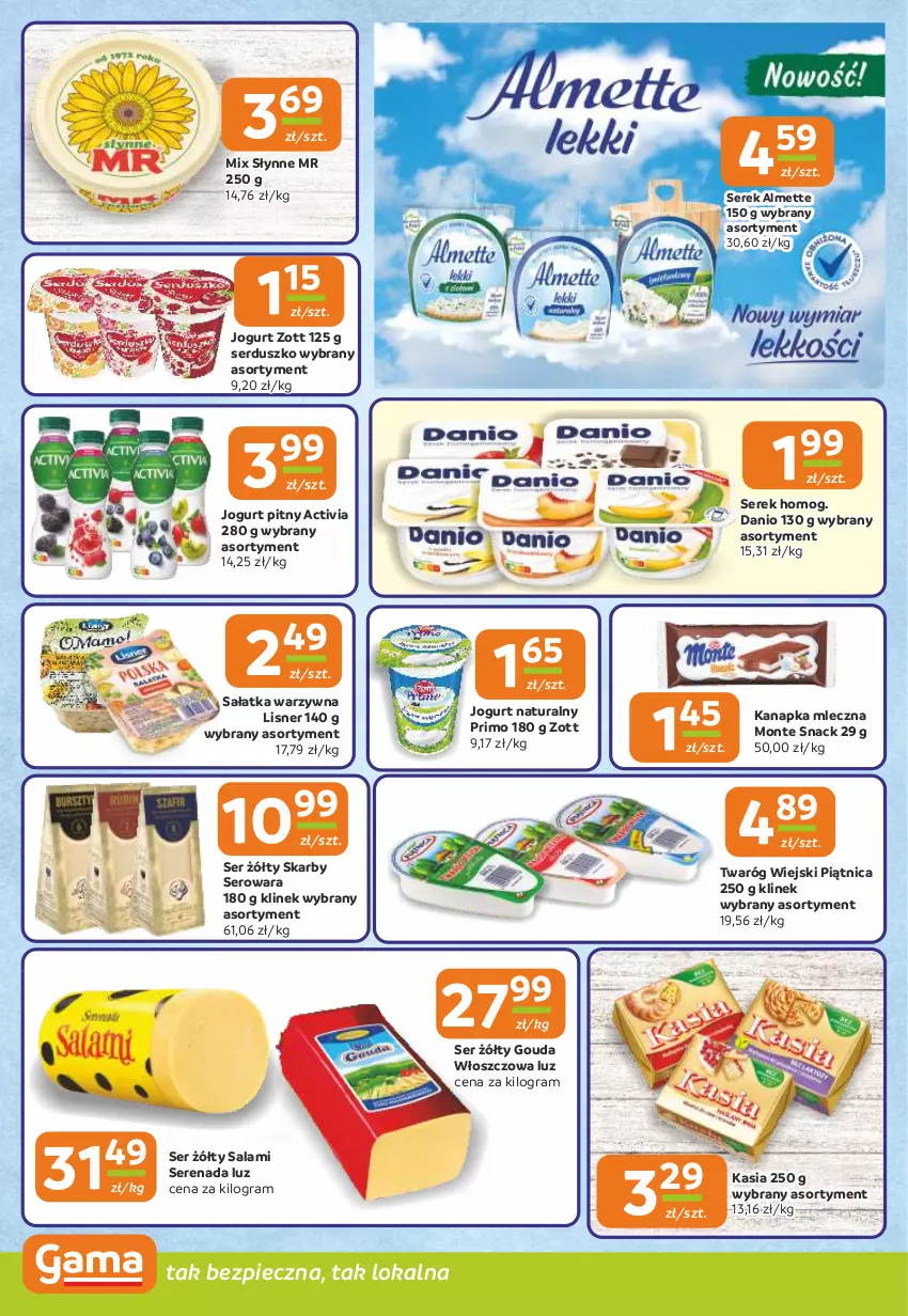 Gazetka promocyjna Gama - Gazetka Gama - ważna 12.06 do 24.06.2025 - strona 6 - produkty: Activia, Almette, Danio, Gouda, Gra, Jogurt, Jogurt naturalny, Jogurt pitny, Kasia, Lisner, Monte, Piątnica, Piec, Salami, Sałat, Sałatka, Sałatka warzywna, Ser, Serek, Słynne, Twaróg, Zott
