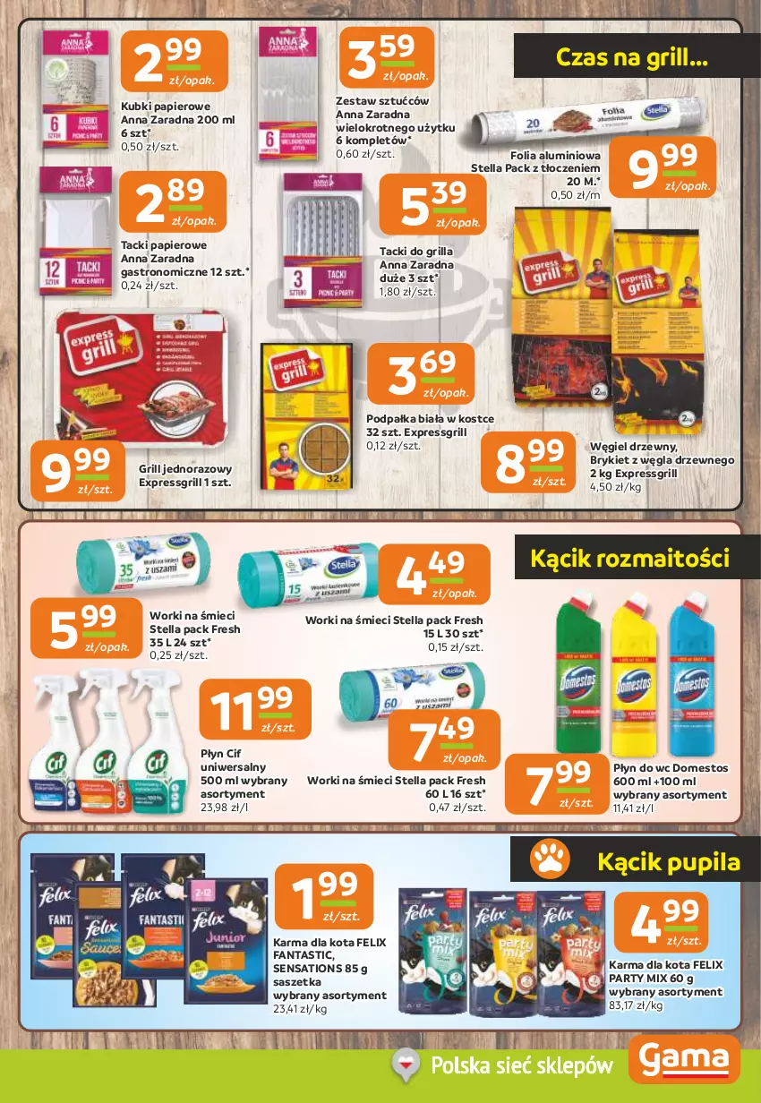 Gazetka promocyjna Gama - Gazetka Gama - ważna 12.06 do 24.06.2025 - strona 9 - produkty: Cif, Domestos, Fa, Fanta, Felix, Folia aluminiowa, Grill, Papier, Płyn do wc, Sati, Węgiel drzewny, Worki na śmiec, Worki na śmieci, Zestaw sztućców