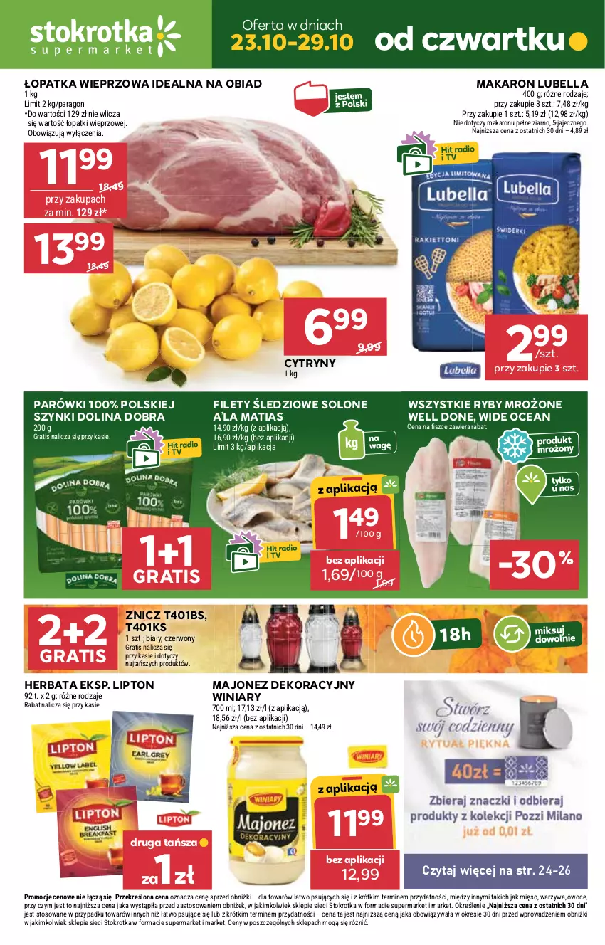 Gazetka promocyjna Stokrotka - Supermarket - ważna 23.10 do 29.10.2025 - strona 1 - produkty: Bell, Bella, Cytryny, Gra, Herbata, Lipton, Lubella, Majonez, Makaron, Mięso, Owoce, Parówki, Warzywa, Winiary, Znicz