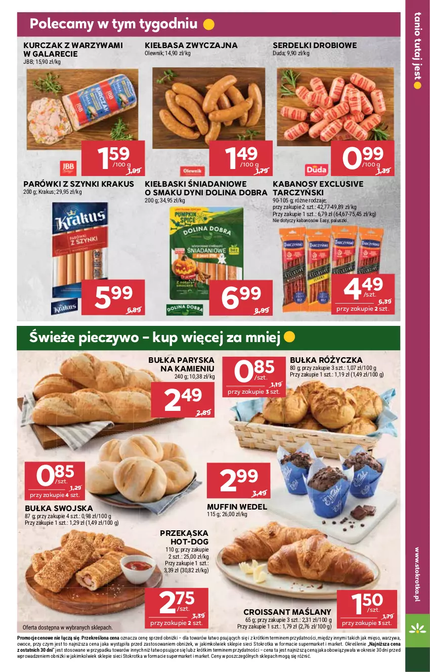 Gazetka promocyjna Stokrotka - Supermarket - ważna 23.10 do 29.10.2025 - strona 13 - produkty: Bułka, Croissant, Danio, Duda, Gala, Kabanos, Kiełbasa, Krakus, Kurczak, Mięso, Olewnik, Owoce, Parówki, Parówki z szynki, Piec, Pieczywo, Ser, Serdelki, Tarczyński, Warzywa