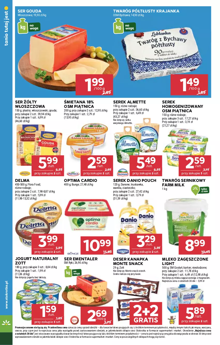 Gazetka promocyjna Stokrotka - Supermarket - ważna 23.10 do 29.10.2025 - strona 16 - produkty: Almette, Danio, Danone, Delma, Deser, Ementaler, Fa, Farm Milk, Flora, Gouda, Gra, Jogurt, Jogurt naturalny, Magnez, Mięso, Mleko, Mleko zagęszczone, Monte, Optima, Optima Cardio, Owoce, Piątnica, Ser, Serek, Serek homogenizowany, Twaróg, Twaróg półtłusty, Warzywa, Włoszczowski, Zott
