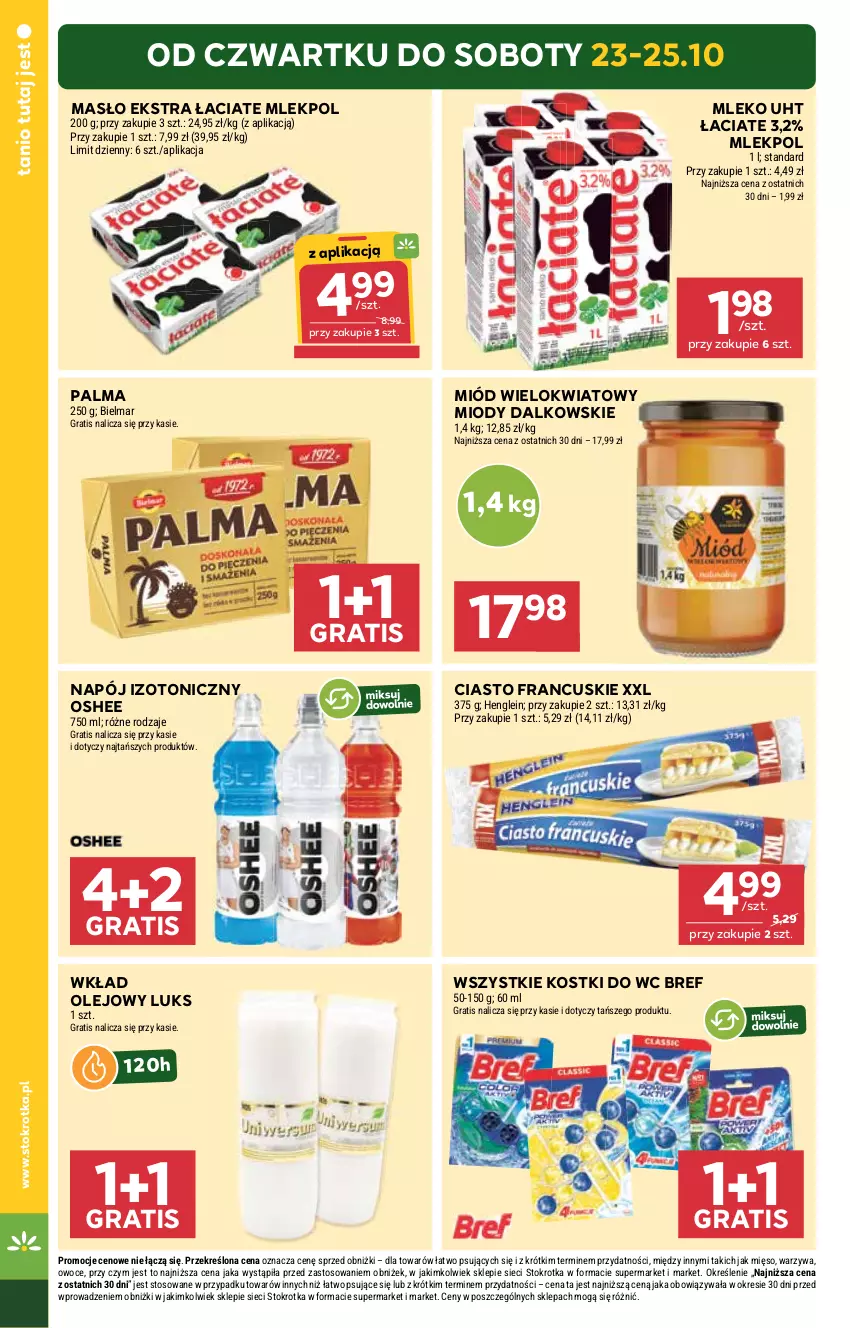 Gazetka promocyjna Stokrotka - Supermarket - ważna 23.10 do 29.10.2025 - strona 2 - produkty: Bref, Ciasto francuskie, Gra, Masło, Mięso, Miód, Mleko, Napój, Napój izotoniczny, Olej, Oshee, Owoce, Palma, Warzywa, Wkład olejowy