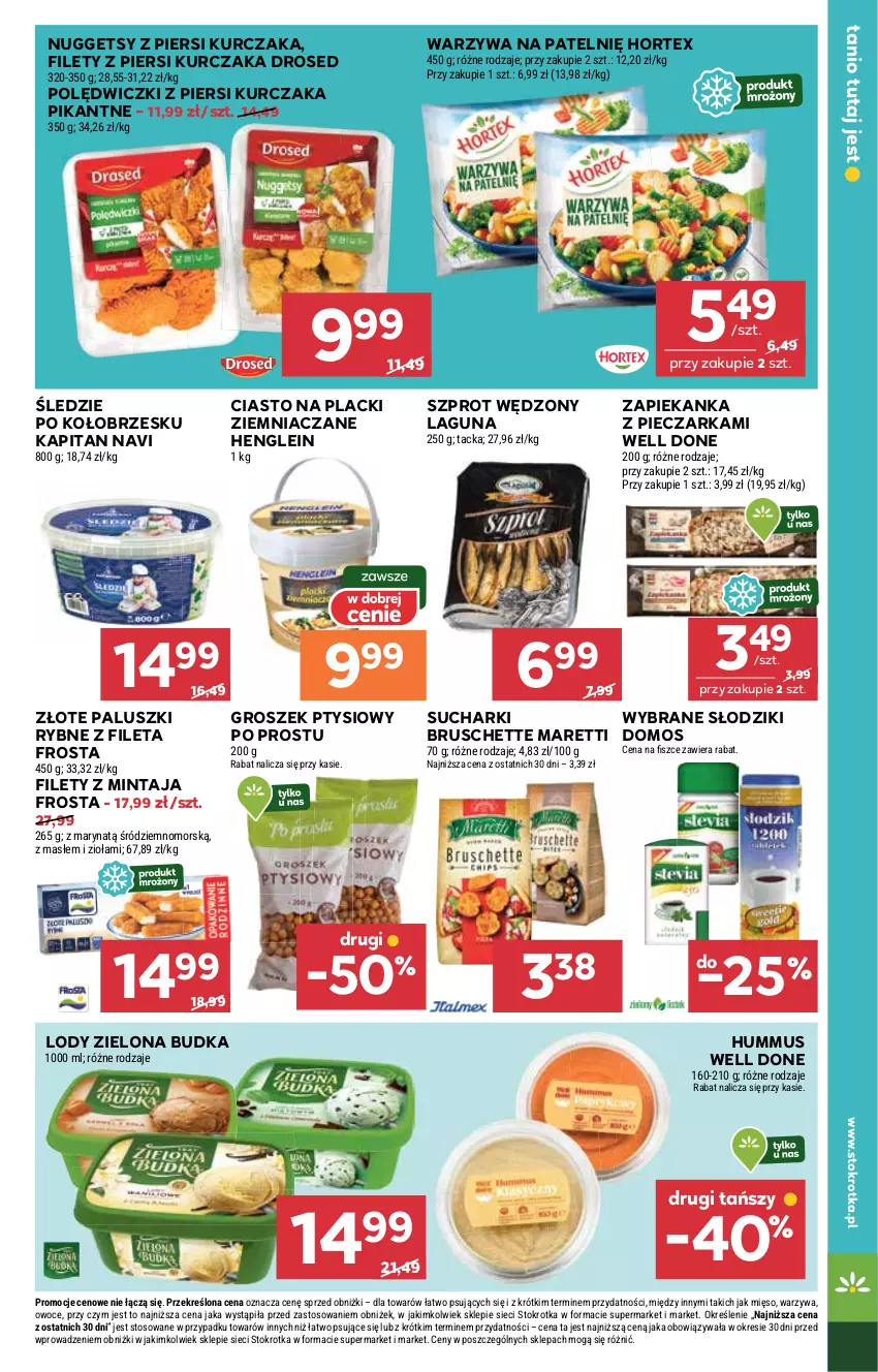 Gazetka promocyjna Stokrotka - Supermarket - ważna 23.10 do 29.10.2025 - strona 23 - produkty: Bruschette, Frosta, Groszek, Groszek ptysiowy, Hortex, Hummus, Kurczak, Lack, Lody, Mięso, Mintaj, Mus, Owoce, Paluszki rybne, Piec, Pieczarka, Szprot, Warzywa, Zapiekanka, Zielona Budka