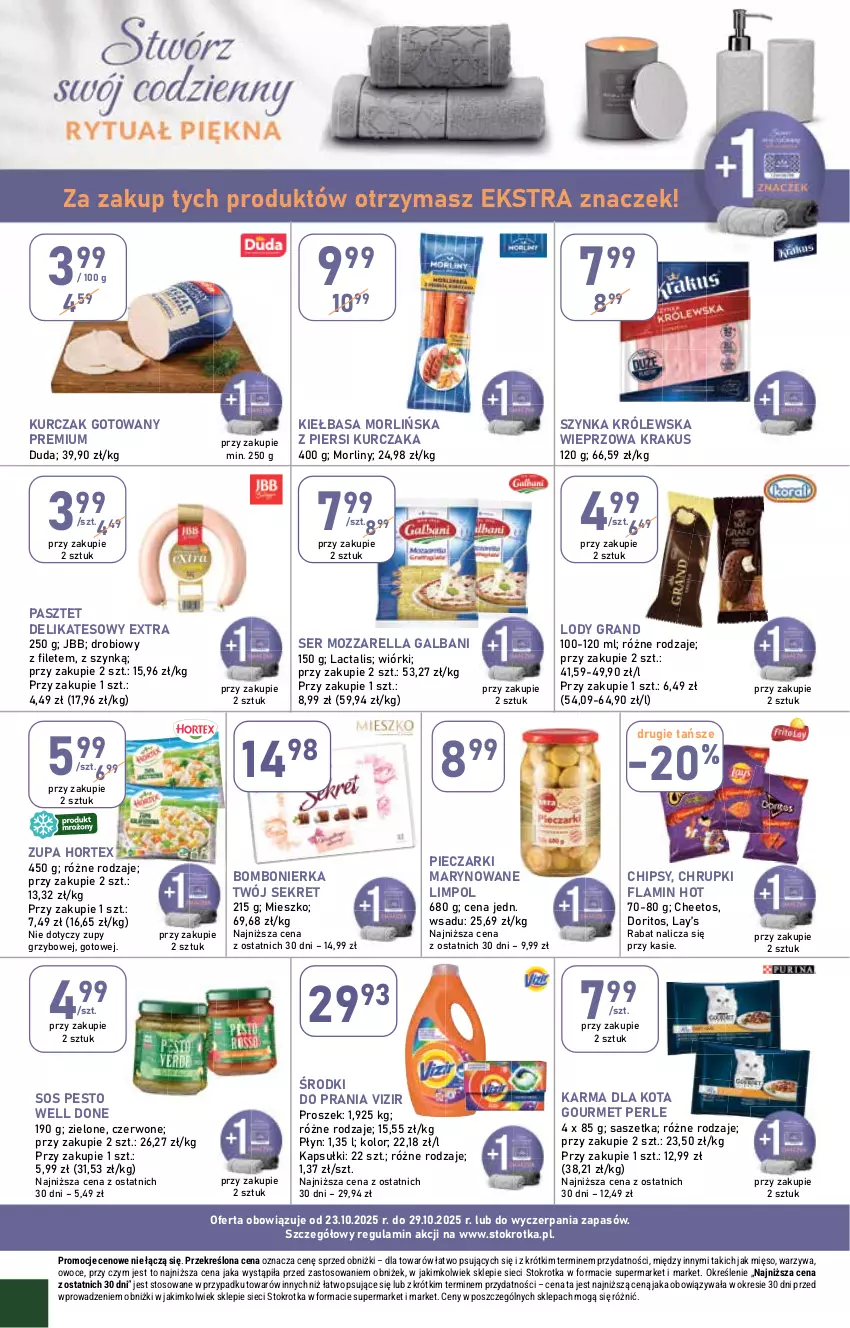 Gazetka promocyjna Stokrotka - Supermarket - ważna 23.10 do 29.10.2025 - strona 28 - produkty: Cheetos, Chipsy, Chrupki, Duda, Galbani, Gra, Hortex, Kiełbasa, Krakus, Kret, Kurczak, Kurczak gotowany, Lay’s, Lody, Mięso, Morliny, Mozzarella, Owoce, Pasztet, Pesto, Piec, Ser, Sos, Szynka, Szynka Królewska, Vizir, Warzywa, Zupa