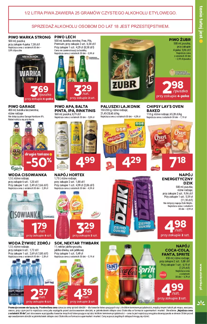 Gazetka promocyjna Stokrotka - Supermarket - ważna 23.10 do 29.10.2025 - strona 29 - produkty: Chipsy, Cisowianka, Coca-Cola, Fa, Fanta, Gra, Hortex, Lajkonik, Lay’s, Mięso, Napój, Napój energetyczny, Nektar, Owoce, Piwa, Piwo, Sok, Sok jabłkowy, Sprite, Tymbark, Warka, Warzywa, Woda