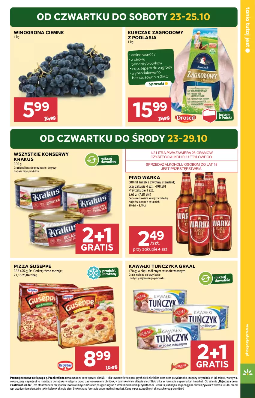 Gazetka promocyjna Stokrotka - Supermarket - ważna 23.10 do 29.10.2025 - strona 3 - produkty: Dr. Oetker, Gra, Graal, Kawa, Krakus, Kurczak, Mięso, Olej, Owoce, Piwa, Piwo, Pizza, Ser, Sos, Tuńczyk, Warka, Warzywa, Wino, Winogrona