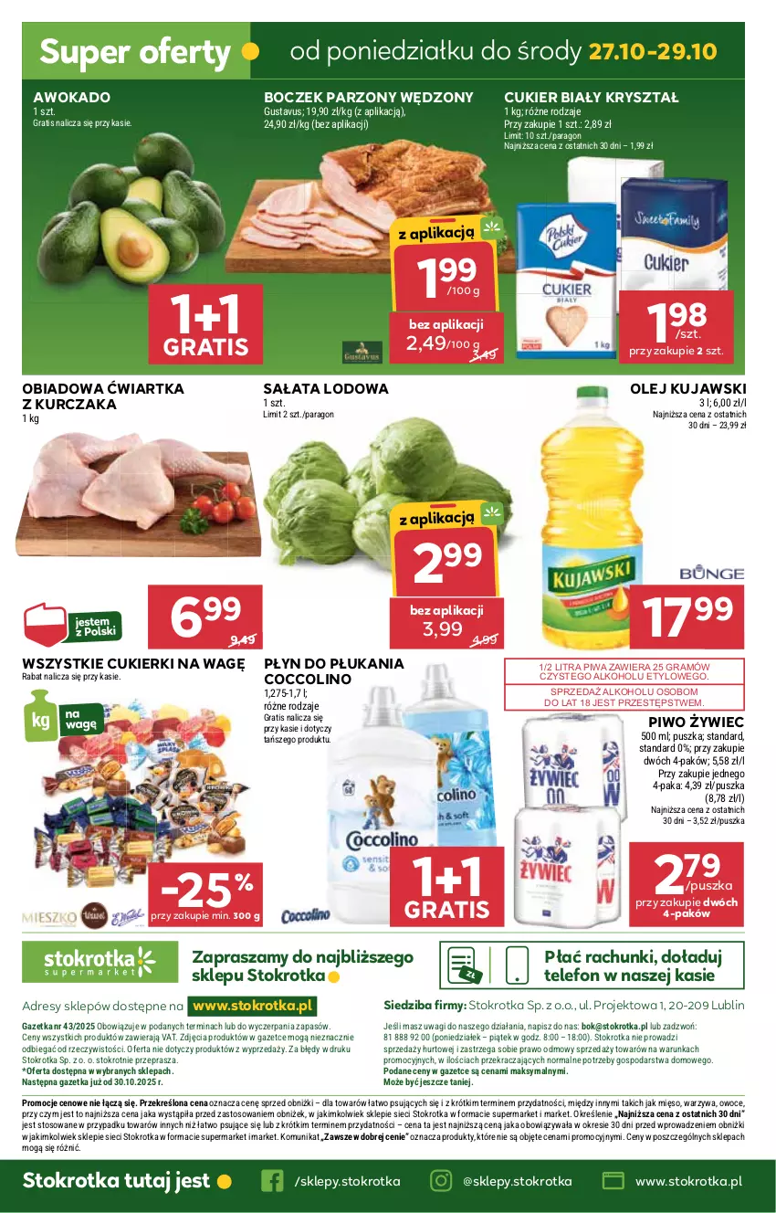 Gazetka promocyjna Stokrotka - Supermarket - ważna 23.10 do 29.10.2025 - strona 42 - produkty: Boczek, Coccolino, Cukier, Cukierki, Dres, Gra, JBL, Kujawski, Kurczak, Mięso, O nas, Olej, Owoce, Piwa, Piwo, Płyn do płukania, Sałat, Sałata lodowa, Telefon, Wagi, Warzywa