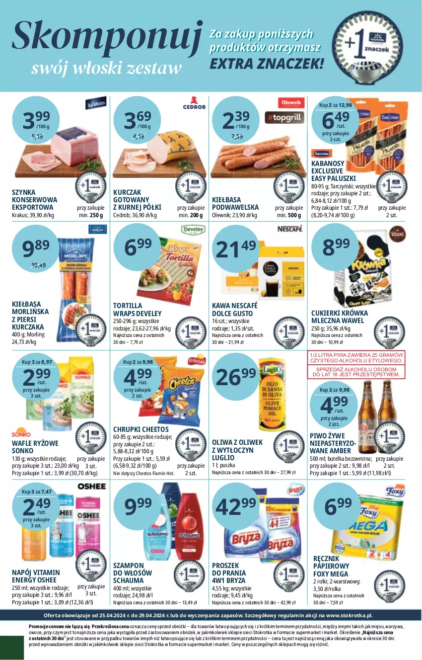 Gazetka promocyjna Stokrotka - Supermarket - ważna 25.04 do 29.04.2024 - strona 11 - produkty: Bryza, Cheetos, Chrupki, Cukier, Cukierki, Dolce Gusto, Foxy, Gra, Kabanos, Kawa, Kiełbasa, Kiełbasa podwawelska, Krakus, Kurczak, Kurczak gotowany, Mięso, Morliny, Napój, Nescafé, Olewnik, Oliwa z oliwek, Oshee, Owoce, Papier, Piwa, Piwo, Por, Proszek do prania, Ręcznik, Rolki, Ryż, Schauma, Ser, Sonko, Sport, Szampon, Szynka, Szynka konserwowa, Tarczyński, Tortilla, Wafle, Warzywa, Wawel