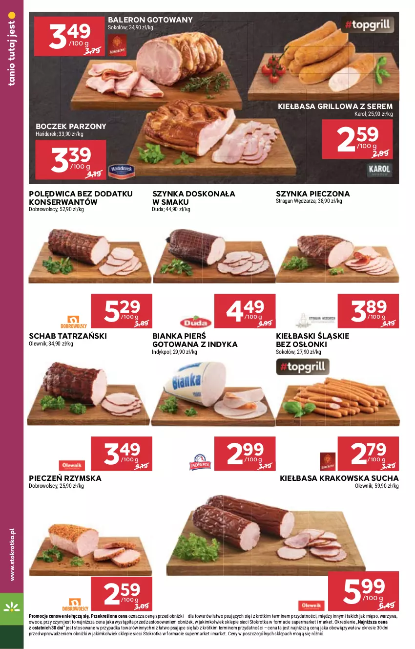 Gazetka promocyjna Stokrotka - Supermarket - ważna 25.04 do 29.04.2024 - strona 14 - produkty: Bianka, Boczek, Duda, Grill, Kiełbasa, Kiełbasa krakowska, Kiełbaski śląskie, Mięso, Olewnik, Owoce, Piec, Pieczeń rzymska, Polędwica, Ser, Sok, Sokołów, Szynka, Warzywa