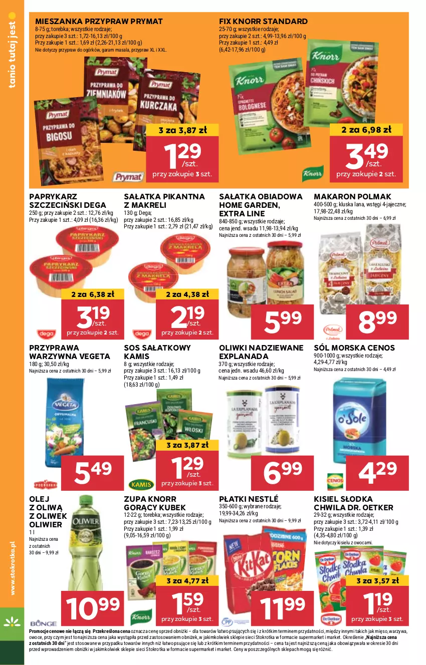 Gazetka promocyjna Stokrotka - Supermarket - ważna 25.04 do 29.04.2024 - strona 20 - produkty: Cenos, Dega, Dr. Oetker, Kamis, Kisiel, Knorr, Kubek, LANA, Makaron, Mięso, Nestlé, Olej, Oliwki, Olma, Owoce, Papryka, Paprykarz, Paprykarz szczeciński, Prymat, Sałat, Sałatka, Słodka Chwila, Sól, Sos, Torebka, Vegeta, Warzywa, Zupa