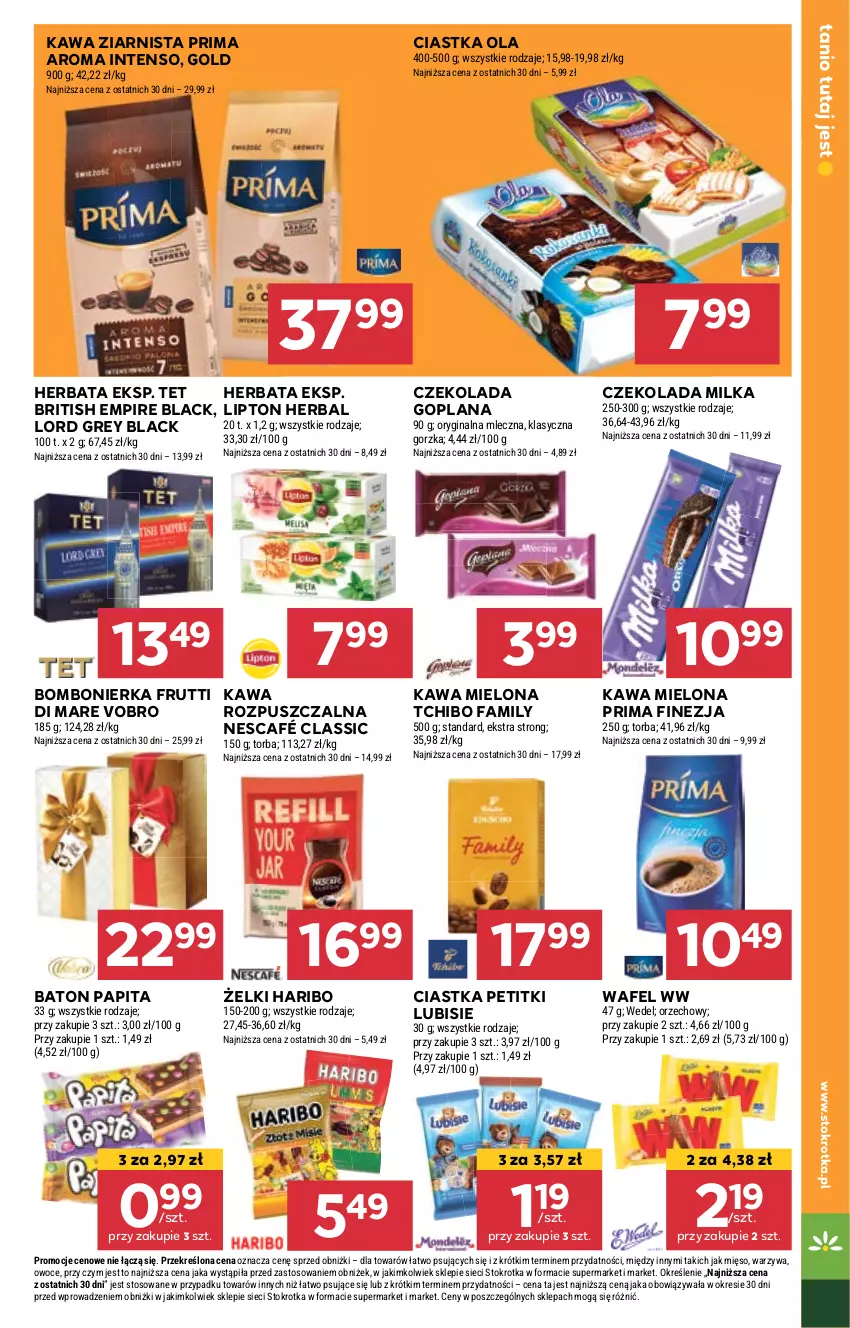 Gazetka promocyjna Stokrotka - Supermarket - ważna 25.04 do 29.04.2024 - strona 21 - produkty: Baton, Brit, Ciastka, Czekolada, Fa, Gin, Goplana, Haribo, Herbata, Kawa, Kawa mielona, Kawa ziarnista, Lack, LANA, Lipton, Lubisie, Mięso, Milka, Nescafé, Owoce, Prima, Tchibo, Tchibo Family, Torba, Warzywa