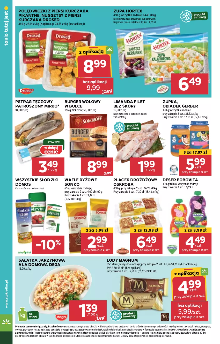 Gazetka promocyjna Stokrotka - Supermarket - ważna 25.04 do 29.04.2024 - strona 26 - produkty: BoboVita, Burger, Dega, Deser, Gerber, Hortex, Kurczak, Lody, Mięso, Owoce, Pstrąg, Pstrąg tęczowy, Ryż, Sałat, Sałatka, Ser, Sok, Sokołów, Sonko, Wafle, Warzywa, Zupa