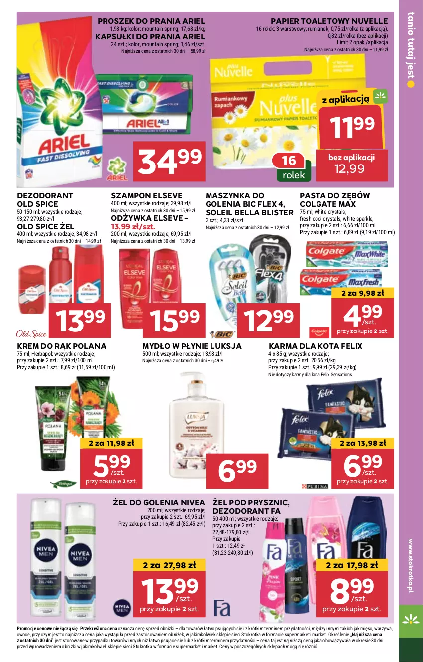 Gazetka promocyjna Stokrotka - Supermarket - ważna 25.04 do 29.04.2024 - strona 31 - produkty: Ariel, Bell, Bella, BIC, Colgate, Dezodorant, Elseve, Fa, Felix, Herbapol, Kapsułki do prania, Krem do rąk, LANA, LG, Luksja, Maszynka, Mięso, Mydło, Mydło w płynie, Nivea, Odżywka, Old Spice, Owoce, Papier, Papier toaletowy, Pasta do zębów, Proszek do prania, Rum, Sati, Szampon, Szynka, Warzywa